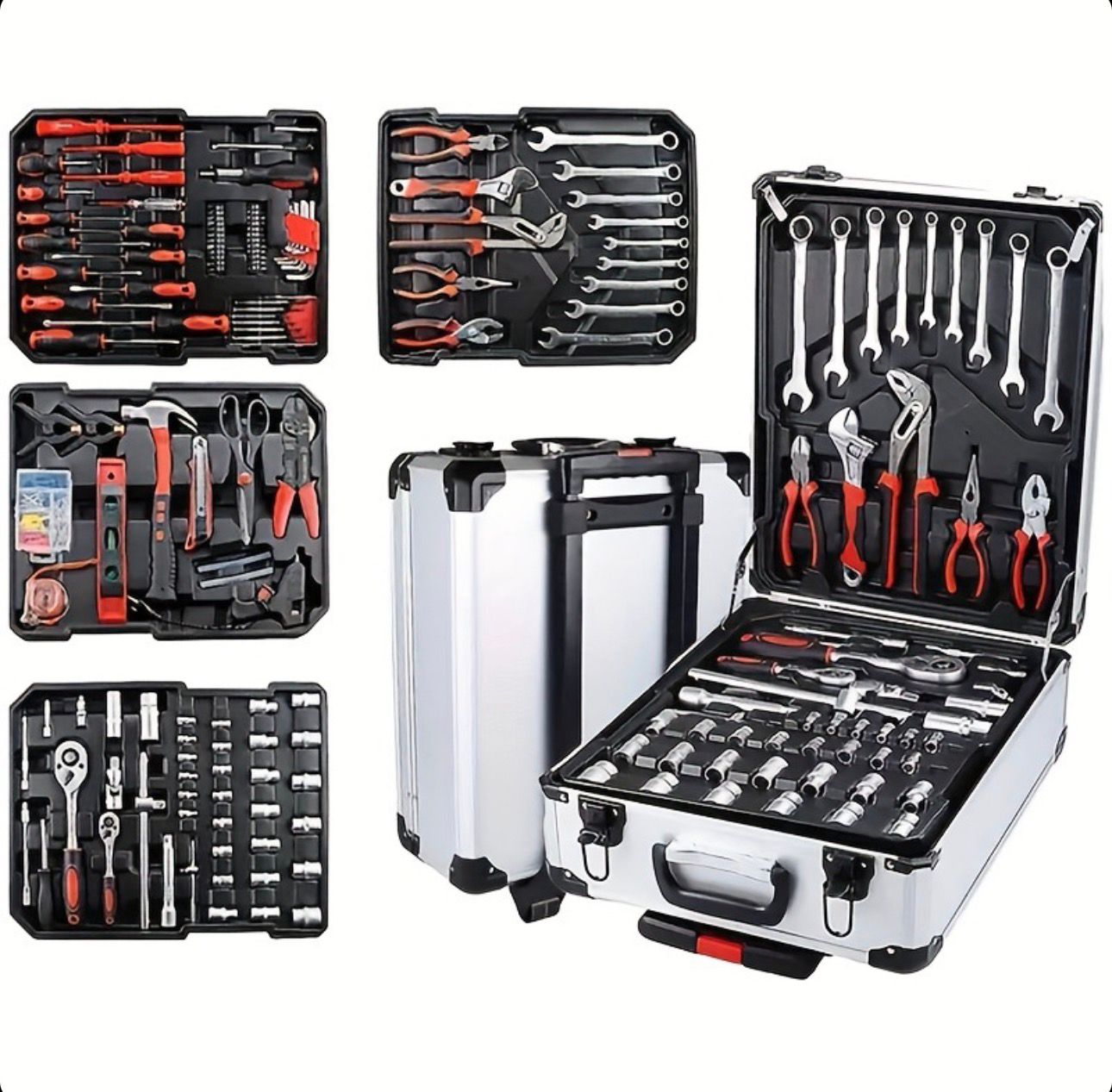 Trusă de Scule 299 Piese cu Chei, Clișeti și Accesorii în Troller din Aluminiu cu Roți