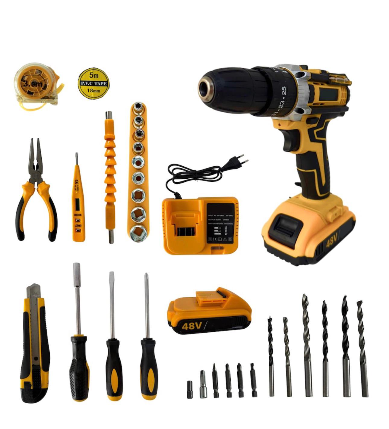 Bormașină Electrică 48V cu 2 Acumulatori, Încărcător și 28 de Accesorii