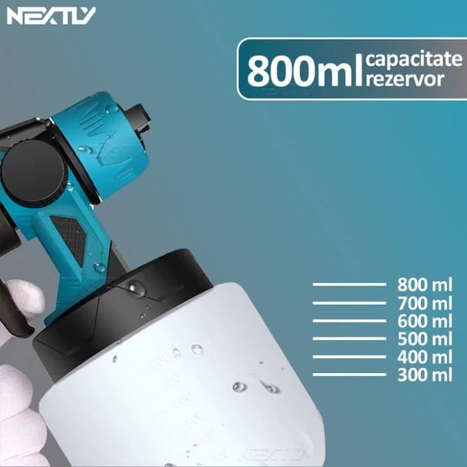 Pistol de Vopsit cu Acumulator 48V, 2 Acumulatori Inclusi, Rezervor 800ml, Debit Reglabil 1L/Min, 3 Moduri de Pulverizare, Autonomie Mare