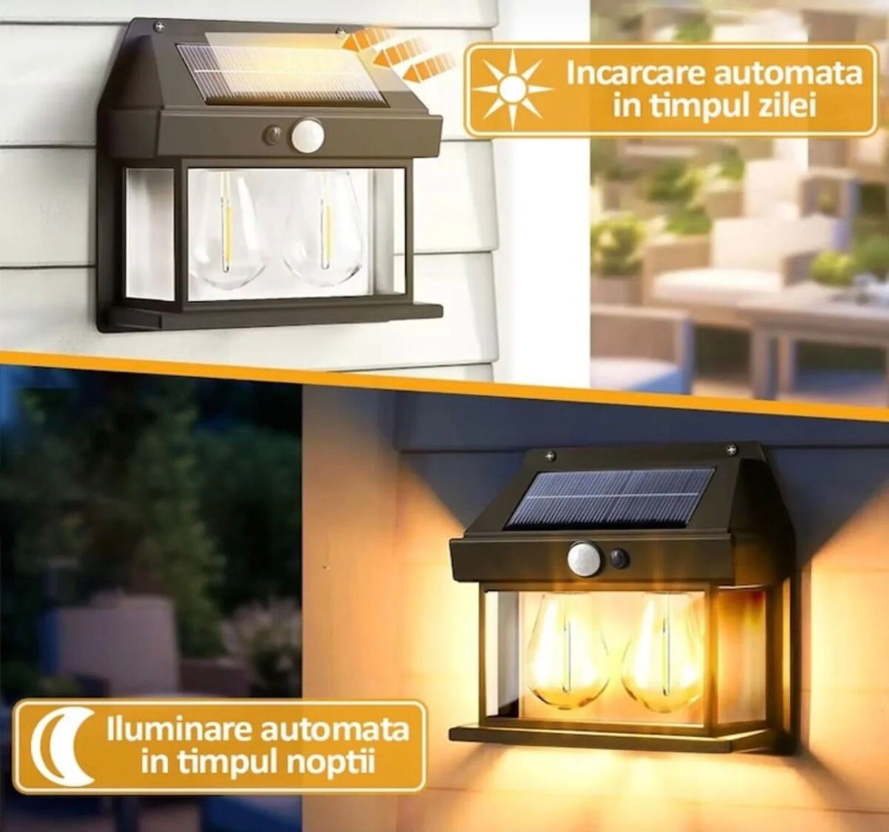 Lampa Solara De Perete Cu 2 Becuri, 3 Moduri De Functionare, Senzori De Miscare