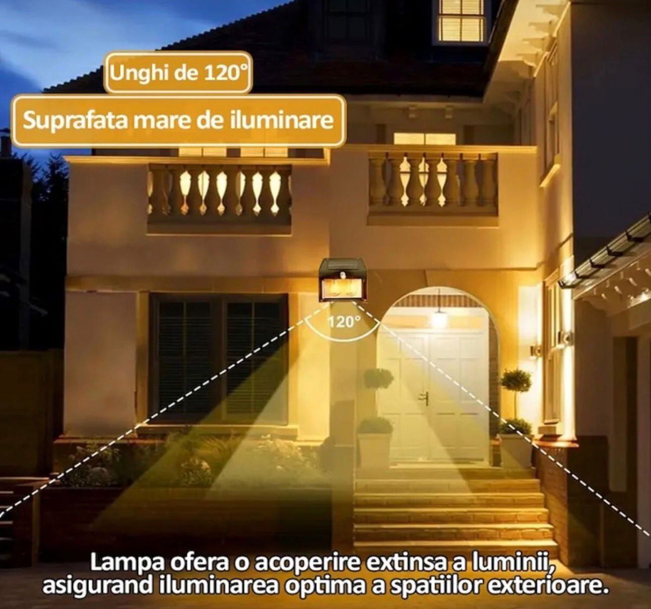 Lampa Solara De Perete Cu 2 Becuri, 3 Moduri De Functionare, Senzori De Miscare