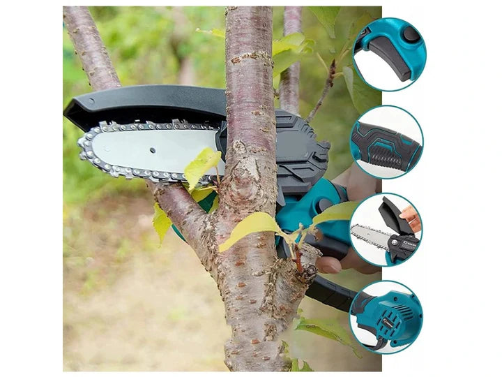 Mini drujbă electrică fără fir 6 inch, 48V, 2 acumulatori Li-Ion, set complet cu lanț și accesorii