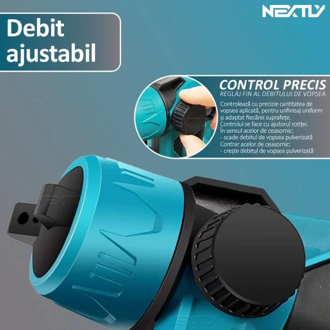 Pistol de Vopsit cu Acumulator 48V, 2 Acumulatori Inclusi, Rezervor 800ml, Debit Reglabil 1L/Min, 3 Moduri de Pulverizare, Autonomie Mare