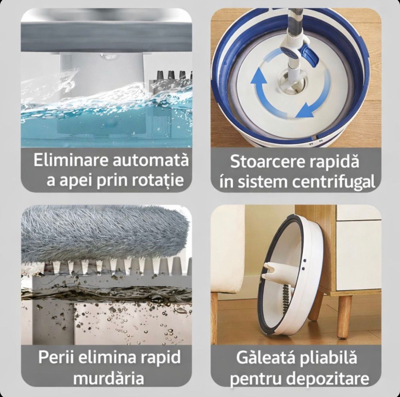 Mop Rotativ cu Mâner Telescopic 118–140cm Cu Găleată Pliabilă 5 L