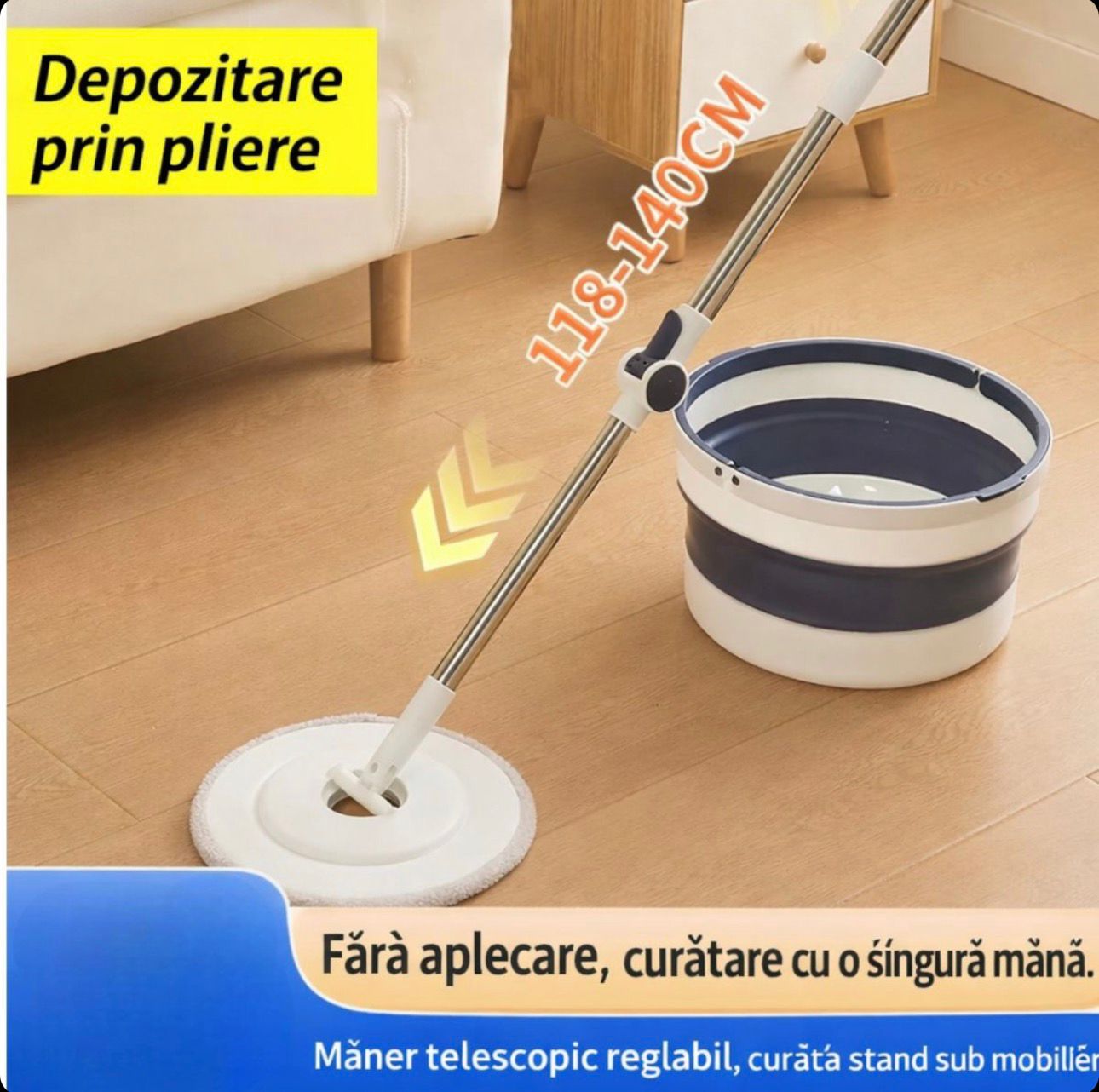 Mop Rotativ cu Mâner Telescopic 118–140cm Cu Găleată Pliabilă 5 L