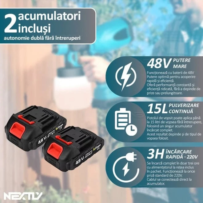 Pistol de Vopsit cu Acumulator 48V, 2 Acumulatori Inclusi, Rezervor 800ml, Debit Reglabil 1L/Min, 3 Moduri de Pulverizare, Autonomie Mare