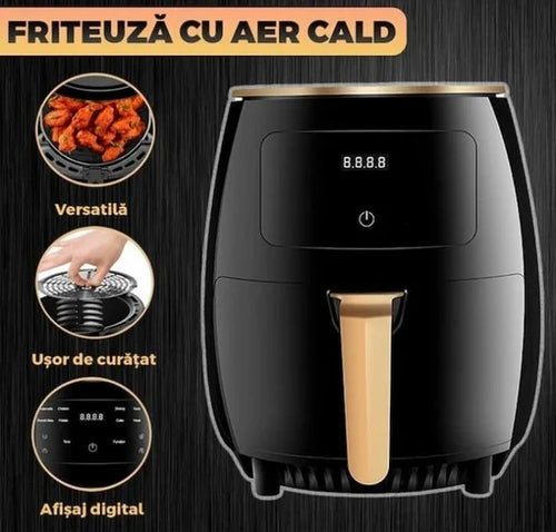 Air Fryer 6L 2400W cu afișaj digital, temperatură reglabilă 50–230°C, programe presetate, 100 hârtii de copt incluse