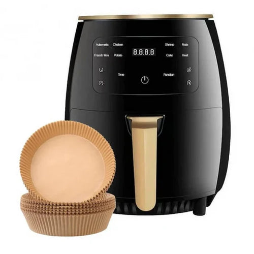 Air Fryer 6L 2400W cu afișaj digital, temperatură reglabilă 50–230°C, programe presetate, 100 hârtii de copt incluse