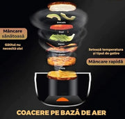 Air Fryer 6L 2400W cu afișaj digital, temperatură reglabilă 50–230°C, programe presetate, 100 hârtii de copt incluse