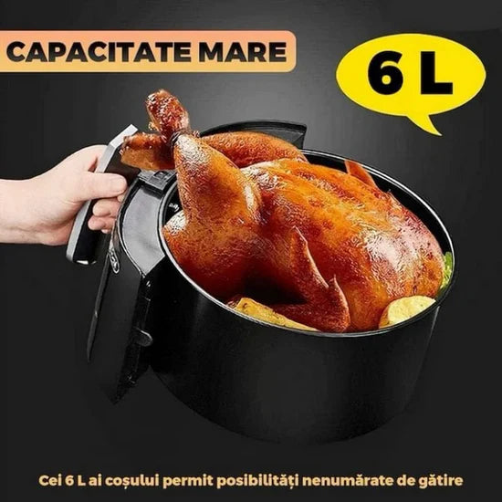 Air Fryer 6L 2400W cu afișaj digital, temperatură reglabilă 50–230°C, programe presetate, 100 hârtii de copt incluse