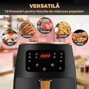 Air Fryer 6L 2400W cu afișaj digital, temperatură reglabilă 50–230°C, programe presetate, 100 hârtii de copt incluse