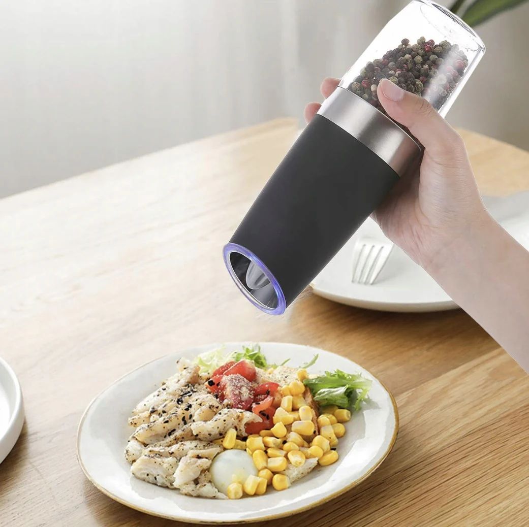 Râșniță Electrică Sare și Piper din Inox cu Inducție Gravitațională și LED – 20×7 cm