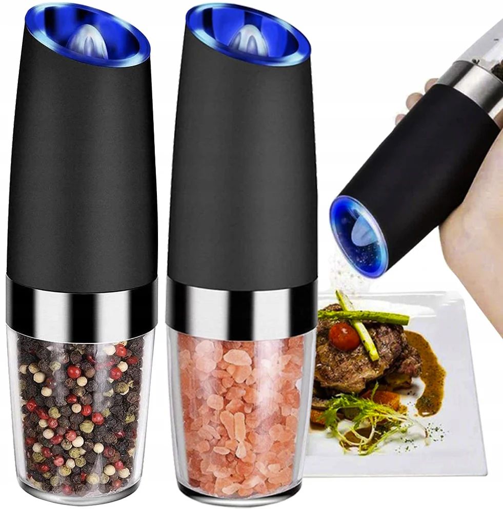 Set (2) Râșniță Electrică Sare și Piper din Inox cu Inducție Gravitațională și LED – 20×7 cm
