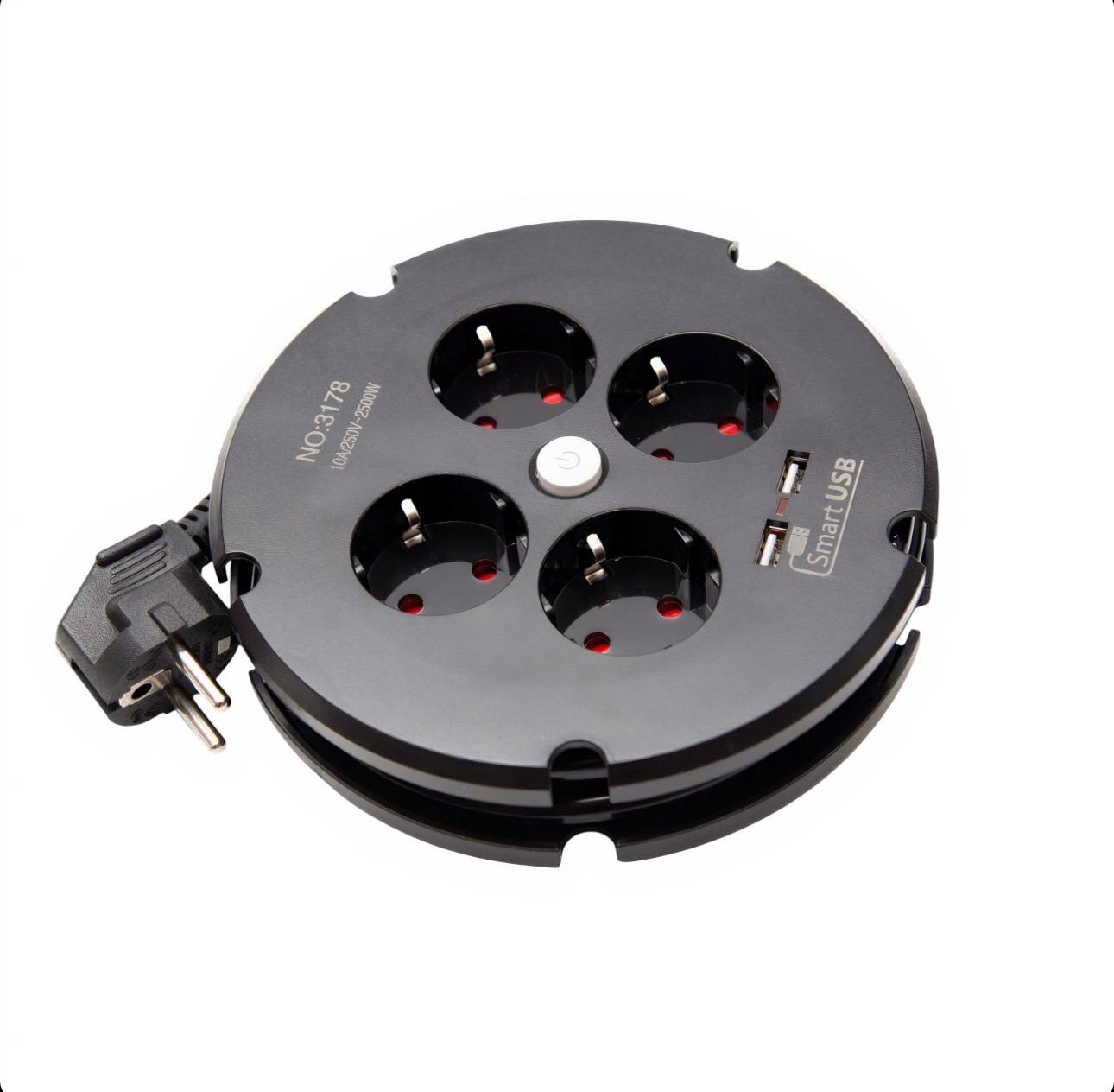 Prelungitor cu 4 Prize si 2 Porturi USB 2metri Rotund