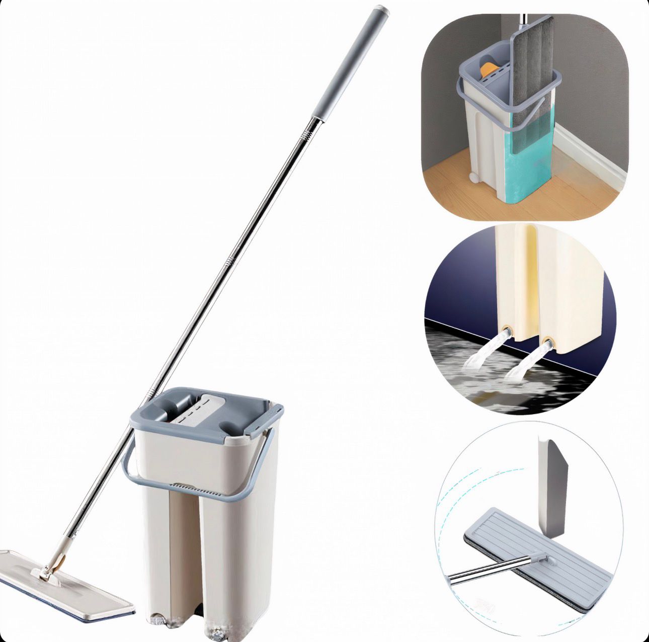 Set galeata cu mop, doua compartimente ( clatire + stoarcere), maner telescopic si mop plat + o rezerva