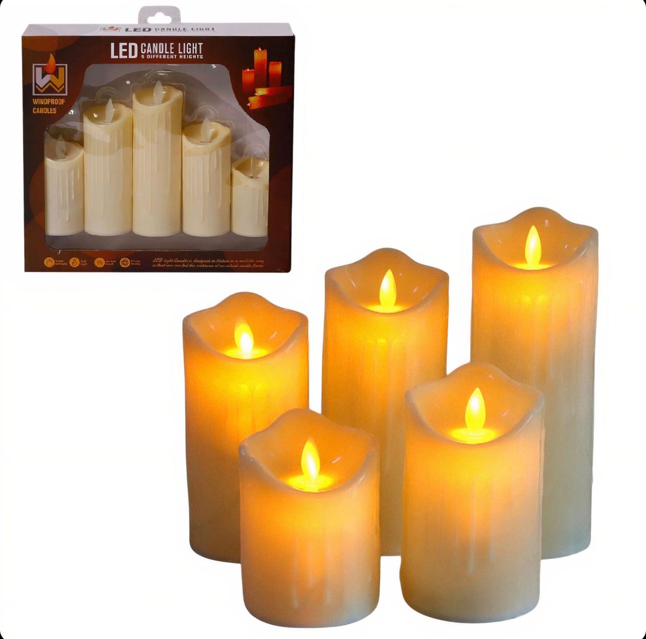 Lumanari Decorative 5/set cu LEd din Plastic, Diferite Dimeniuni cu Efect Flacara