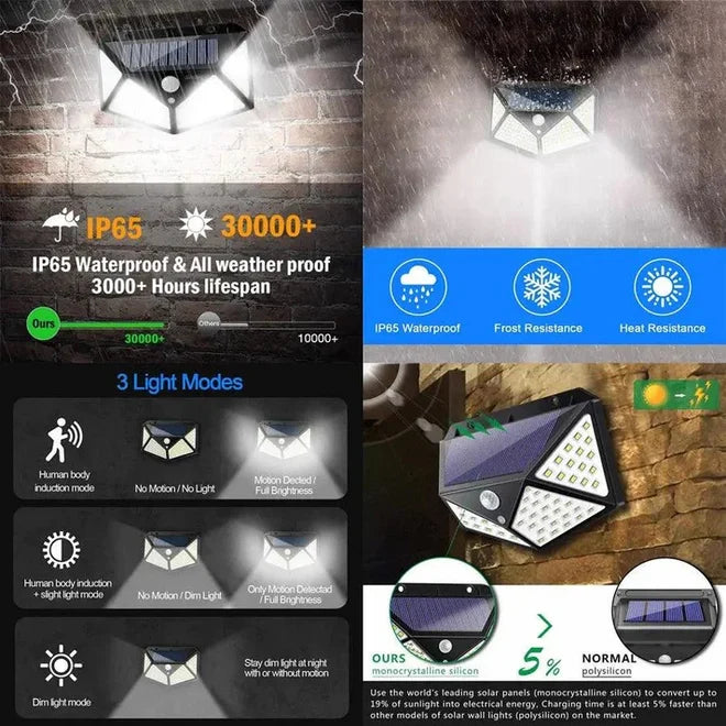 Set 10 lămpi solare cu 100 LED, senzor de mișcare, 3 moduri iluminare, panou solar integrat