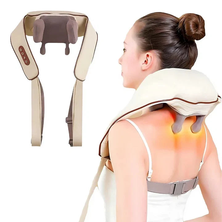 Aparat de masaj cervical hands-free cu incalzire, role Shiatsu 5D, 3 niveluri intensitate, USB-C, design ergonomic, portabil