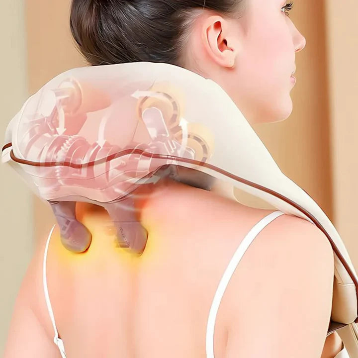 Aparat de masaj cervical hands-free cu incalzire, role Shiatsu 5D, 3 niveluri intensitate, USB-C, design ergonomic, portabil