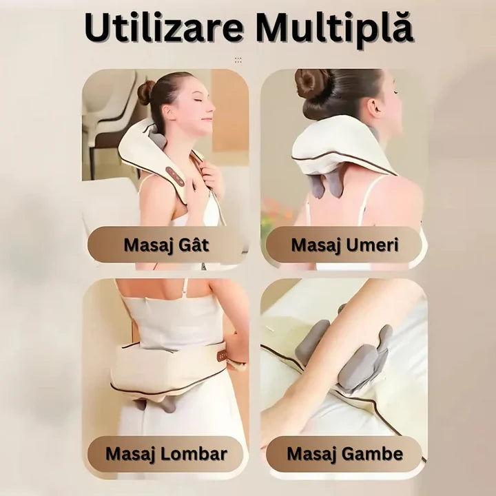 Aparat de masaj cervical hands-free cu incalzire, role Shiatsu 5D, 3 niveluri intensitate, USB-C, design ergonomic, portabil