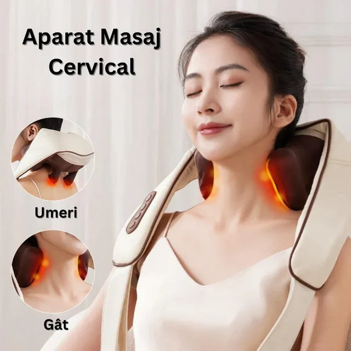 Aparat de masaj cervical hands-free cu incalzire, role Shiatsu 5D, 3 niveluri intensitate, USB-C, design ergonomic, portabil