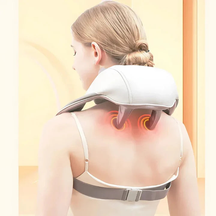 Aparat de masaj cervical hands-free cu incalzire, role Shiatsu 5D, 3 niveluri intensitate, USB-C, design ergonomic, portabil
