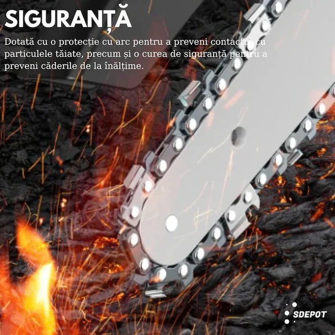 Mini drujbă electrică fără fir 6 inch, 48V, 2 acumulatori Li-Ion, set complet cu lanț și accesorii
