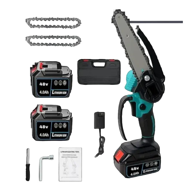 Mini drujbă electrică fără fir 6 inch, 48V, 2 acumulatori Li-Ion, set complet cu lanț și accesorii