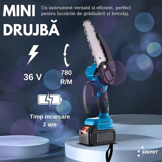 Mini drujbă electrică fără fir 6 inch, 48V, 2 acumulatori Li-Ion, set complet cu lanț și accesorii