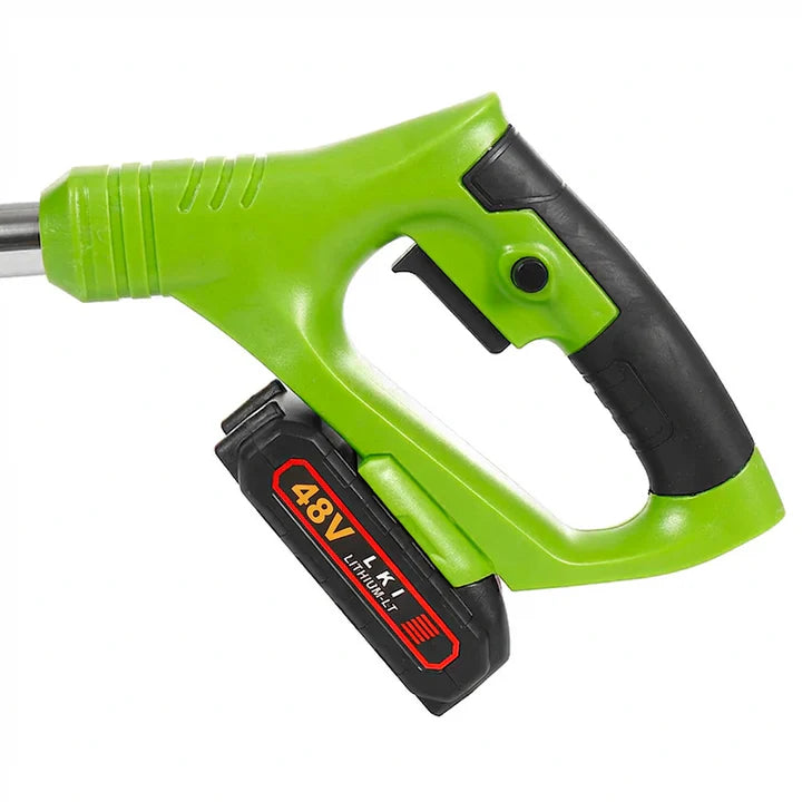 Motocoasa electrica cu acumulator 48V, 2 baterii incluse, 18000 RPM, roti detasabile, lame si disc pentru taiere