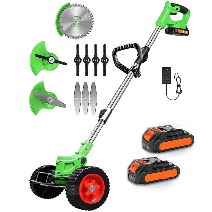 Motocoasa electrica cu acumulator 48V, 2 baterii incluse, 18000 RPM, roti detasabile, lame si disc pentru taiere