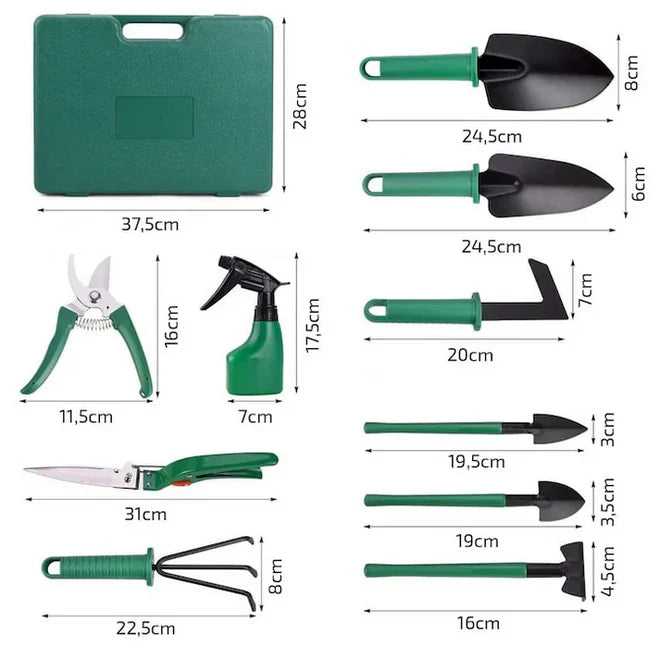 Set unelte grădinărit 10 piese cu valiză, foarfecă, lopată, greblă, metal și plastic