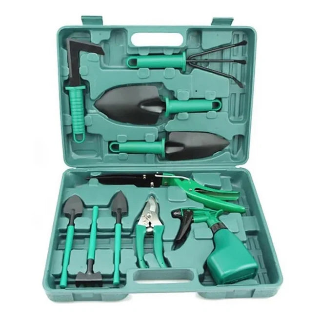 Set unelte grădinărit 10 piese cu valiză, foarfecă, lopată, greblă, metal și plastic