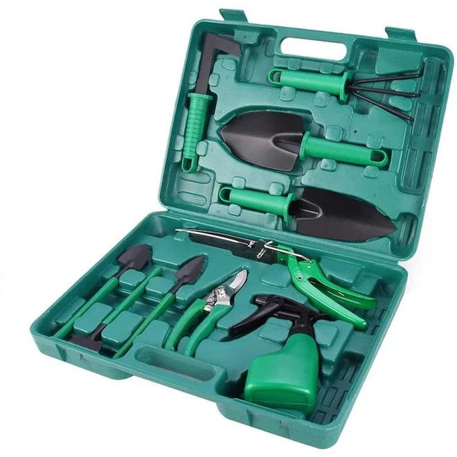 Set unelte grădinărit 10 piese cu valiză, foarfecă, lopată, greblă, metal și plastic