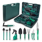 Set unelte grădinărit 10 piese cu valiză, foarfecă, lopată, greblă, metal și plastic