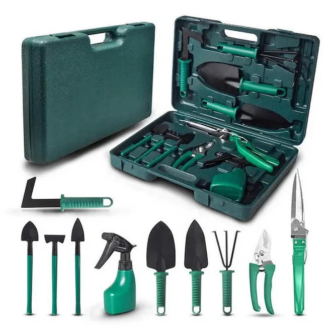Set unelte grădinărit 10 piese cu valiză, foarfecă, lopată, greblă, metal și plastic