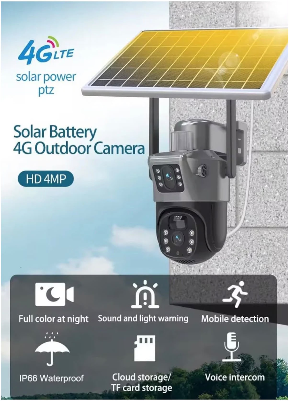Cameră de Supraveghere Duală 6MP cu Panou Solar Integrat pentru Exterior | 4G SIM, Senzor de Mișcare