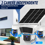 Camera Supraveghere cu Panou Solar, Conexiune 4G, Rotatie 360° Panoramică Cu 3 Lentile, Zoom 10x, Card Memorie Cadou