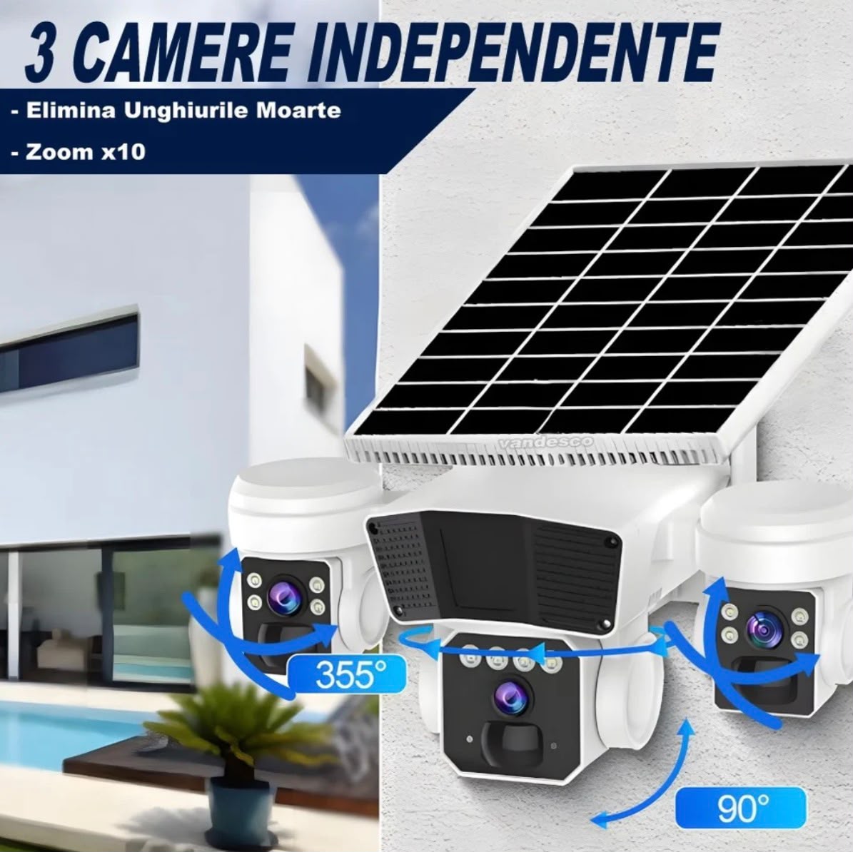 Camera Supraveghere cu Panou Solar, Conexiune 4G, Rotatie 360° Panoramică Cu 3 Lentile, Zoom 10x, Card Memorie Cadou