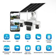 Camera Supraveghere cu Panou Solar, Conexiune 4G, Rotatie 360° Panoramică Cu 3 Lentile, Zoom 10x, Card Memorie Cadou