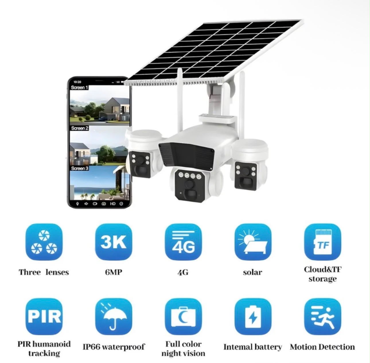 Camera Supraveghere cu Panou Solar, Conexiune 4G, Rotatie 360° Panoramică Cu 3 Lentile, Zoom 10x, Card Memorie Cadou
