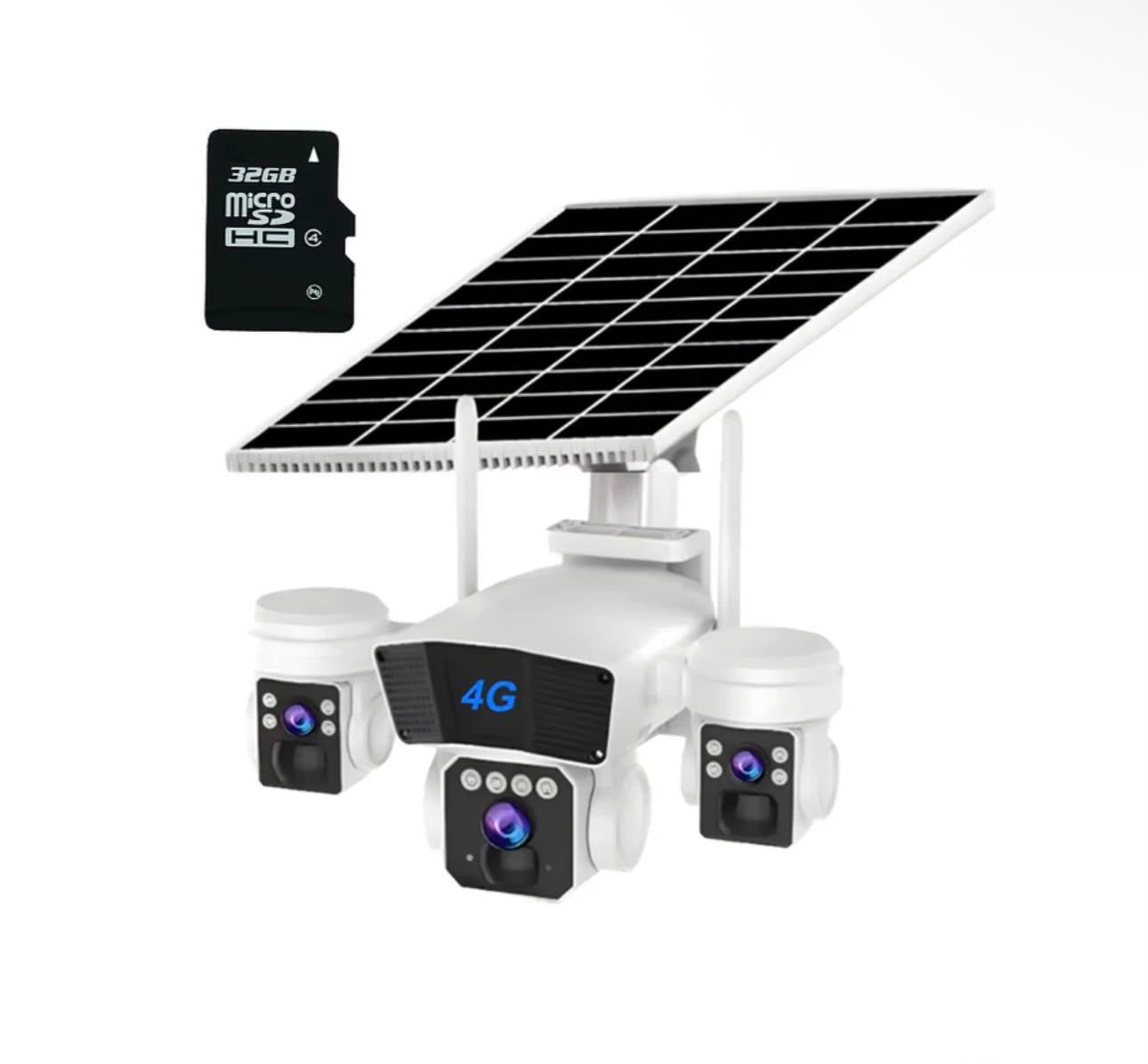 Camera Supraveghere cu Panou Solar, Conexiune 4G, Rotatie 360° Panoramică Cu 3 Lentile, Zoom 10x, Card Memorie Cadou