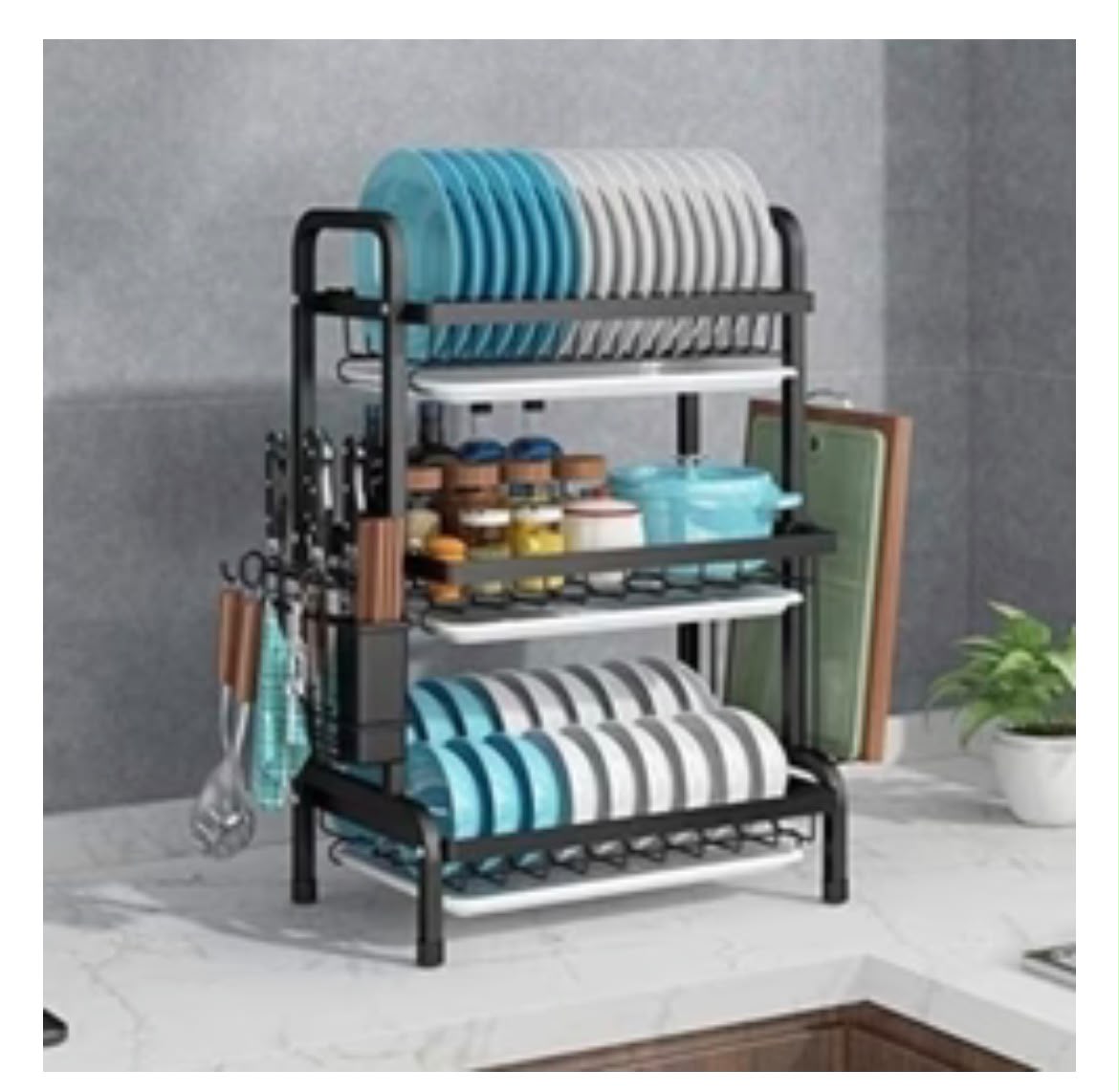 Suport pentru Vase cu 3 Nivele, Negru – 61 x 23,5 x 42 cm