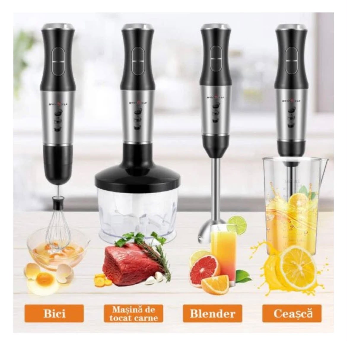 Blender de Mana Multifunctional – 2 Viteze, 2 Lame din Otel Inoxidabil, Mixare & Tocator, 5 Accesorii