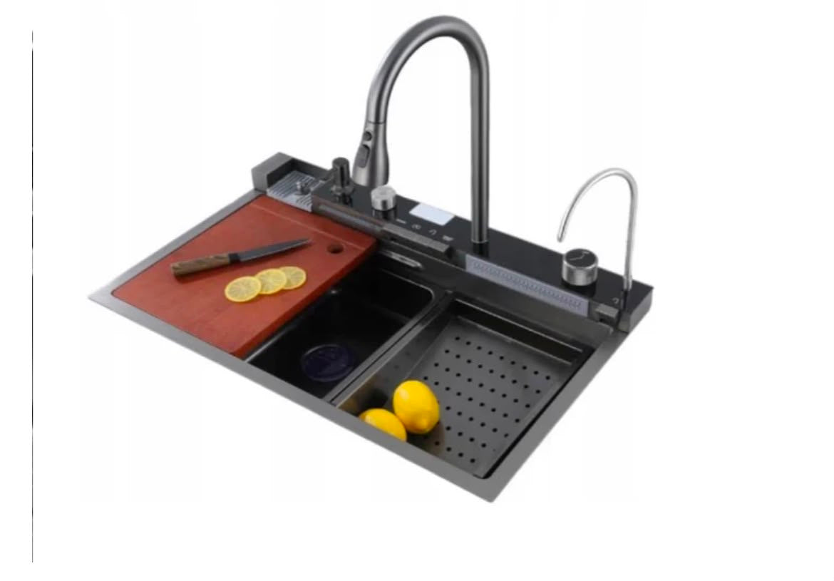 Chiuveta Multifuncționala Moderna cu 2 Cascade – Robinet Cascada Elegant în Negru Grafit, Afișaj Digital al Temperaturii, Dimensiuni 750x460mm, Set Complet de Accesorii Incluse – Design Premium și Durabil