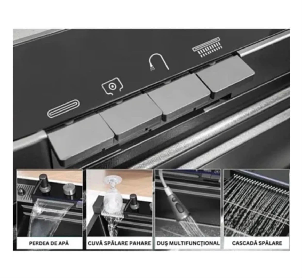 Chiuveta Multifuncționala Moderna cu 2 Cascade – Robinet Cascada Elegant în Negru Grafit, Afișaj Digital al Temperaturii, Dimensiuni 750x460mm, Set Complet de Accesorii Incluse – Design Premium și Durabil