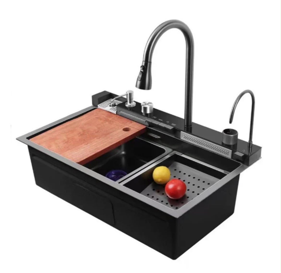 Chiuveta Multifuncționala Moderna cu 2 Cascade – Robinet Cascada Elegant în Negru Grafit, Afișaj Digital al Temperaturii, Dimensiuni 750x460mm, Set Complet de Accesorii Incluse – Design Premium și Durabil