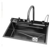 Chiuveta Multifuncționala Moderna cu 2 Cascade – Robinet Cascada Elegant în Negru Grafit, Afișaj Digital al Temperaturii, Dimensiuni 750x460mm, Set Complet de Accesorii Incluse – Design Premium și Durabil