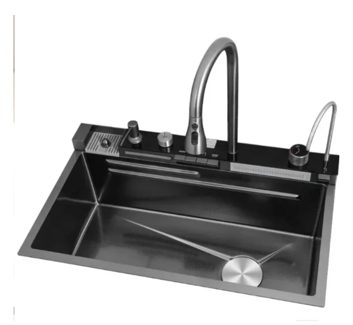 Chiuveta Multifuncționala Moderna cu 2 Cascade – Robinet Cascada Elegant în Negru Grafit, Afișaj Digital al Temperaturii, Dimensiuni 750x460mm, Set Complet de Accesorii Incluse – Design Premium și Durabil
