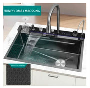 Chiuveta Multifuncționala Moderna cu 2 Cascade – Robinet Cascada Elegant în Negru Grafit, Afișaj Digital al Temperaturii, Dimensiuni 750x460mm, Set Complet de Accesorii Incluse – Design Premium și Durabil